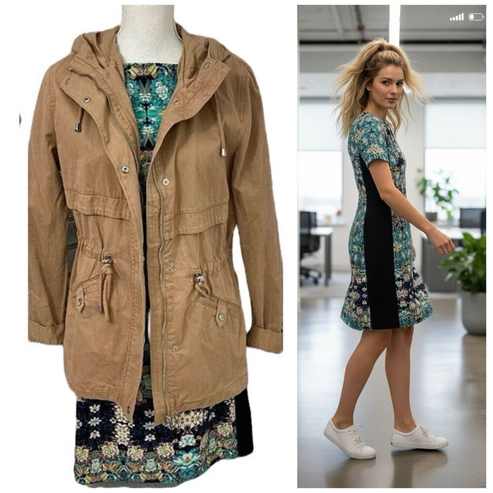 Xhiliration Dress Womens Medium Lot Anorak Jacket Floral Zip Up Blue Tan Office